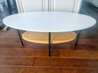 39 inch white and natural coffee oval coffee table with storage shelf