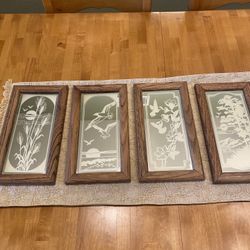 MCM vintage 1970s set of 4 glass frosted Mirrors hummingbird/ grass plants/ bird wall art. Wood oak frames.