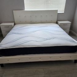 Bed Frame Queen White And Queen Regular Mattress And Two Nightstand 