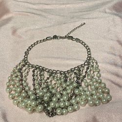 Chicos Bib Necklace Pearl Silver Glass Chain Black Little crystals beads 16-20” L.  Photos are taken from the item you are buying 