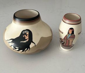 Vtg Hopi Toad Studio Southwest Pottery Set - Signed Gory Pueblo Vases