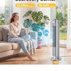 NEWBULIG Tower Fan for Bedroom, Oscillating Standing Bladeless Fan with Remote, 5 Speeds & 4 Modes, 28dB Quiet for Sleep, 22.3ft/s High Velocity, LED 