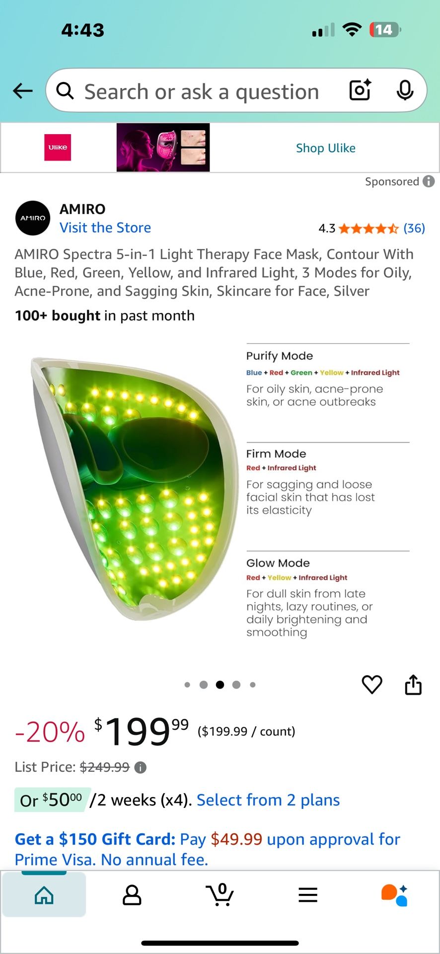 AMIRO Spectra 5-in-1 Light Therapy Face Mask, Contour With Blue, Red, Green, Yellow, and Infrared Light, 3 Modes for Oily, Acne-Prone, and Sagging Ski