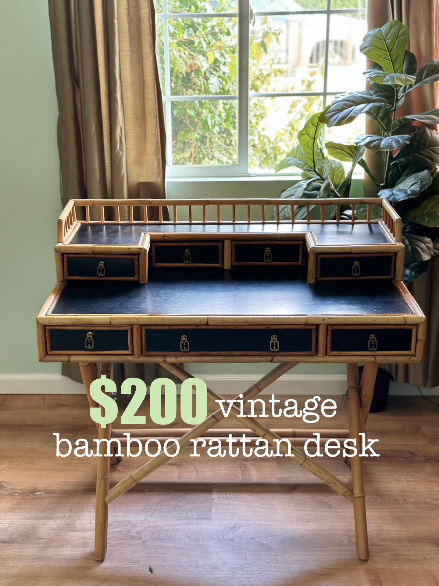 Vintage!! Gorgeous 19th Century Desk!! Black Lacquer Surface, Bamboo Rattan Trim Legs, Brass Pulls, Administrative Campaign, Boho Chic Luxe 