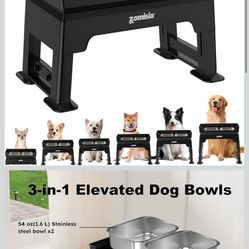 3-in-1 Raised Dog Bowl - 6 Height Adjustable Elevated Dog Bowls Stand, Double Deck Design Mess Proof, Feeding Station with 2 Stainless Steel Bowls & L