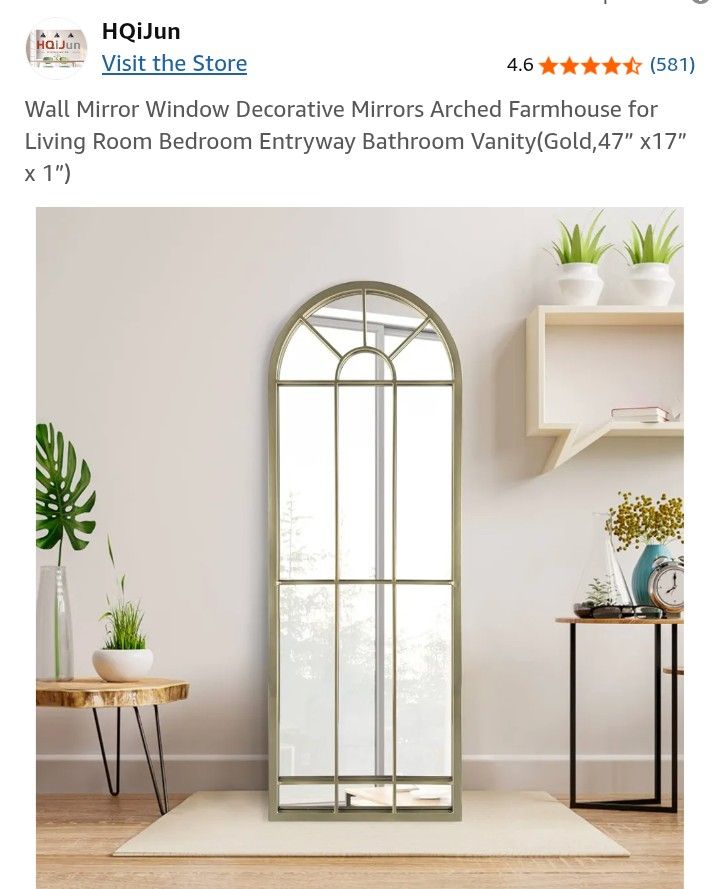 Wall Mirror Window Decorative Mirrors Arched Farmhouse for Living Room Bedroom Entryway Bathroom Vanity(Gold,47” x17” x 1”)....NEW IN BOX