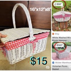 $15 Vintage Shabby chic Picnic Basket in good condition 16” by 12” x8” tall