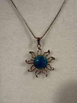 Celestial Style Sterling Silver Sun Pendant Necklace with Turquoise Tone Stone 17.5” Long