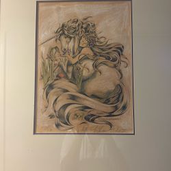 Art 1975 Vintage 1975 Nancy Chien-Eriksen Unicorn and Fairy Mushroom Framed Art Print
