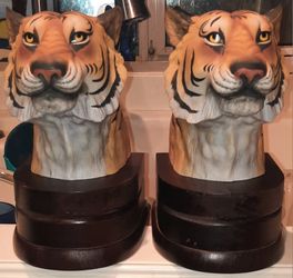RARE VINTAGE PORCELAIN & MAHOGANY BENGAL TIGER BOOKENDS