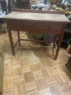 Vintage wood entrance table desk two drawers 38 by 18 by 30