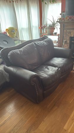 Dark Brown Leather Loveseat with Nailhead Trim