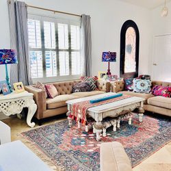 2 Sofás, 1 Chair, And 2 White Distressed End Tables