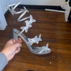 Butterfly Rhinestone Wrap Around Block Heels