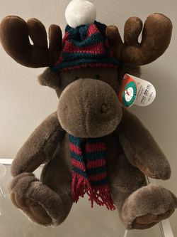 Plush Stuffed Reindeer With Green & Red Knit Hat & Scarf