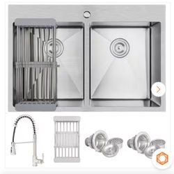 Handmade All-in-One Drop-in Stainless Steel 33 in. x 22 in. Spring Neck Faucet and Drying Rack Double Bowl Kitchen Sink