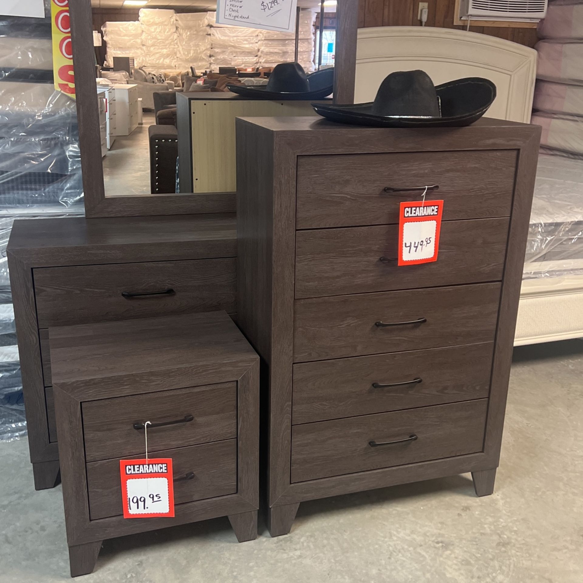 Queen size headboard, footboard, and rails to 99 dresser and mirror 699 chess $449 nightstand 199