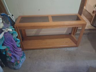 Oak Console Table with Glass Top and Shelf
