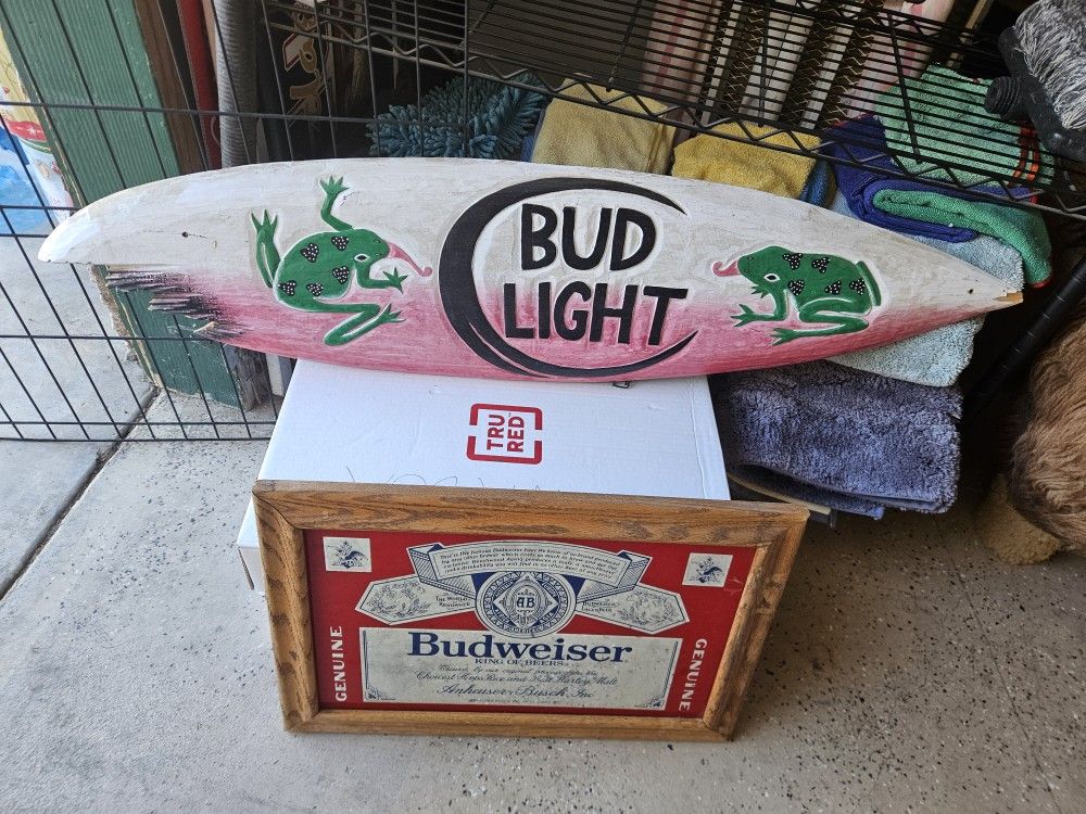 Budlight Surfboard And Budweiser Sign