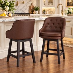 26''H Faux Leather Swivel Bar Stools with Double Cushion, Dark Reddish Brown (Set of 2)