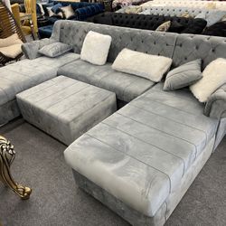 New In The Box 📦 Grey Velvet Living Room Sectional - Delivery And Financing Available 