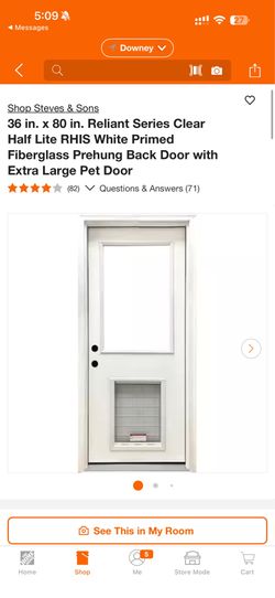 Steves & Sons 36 in. x 80 in. Reliant Series Clear Half Lite RHIS White Primed Fiberglass Prehung Back Door with Extra Large Pet Door