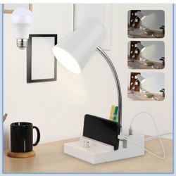 LALISU Study Desk Lamp with USB Charging and Type-C Night Light, Gooseneck LED Table Lamp Stepless Dimming Study Table Lamp with Pen Holder for Colleg