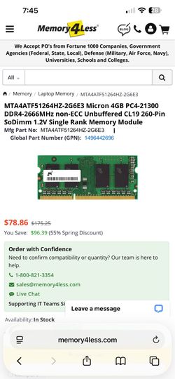 4 of MTA4ATF51264HZ-2G6E3 Micron 4GB PC4-21300 DDR4-2666MHz non-ECC Unbuffered CL19 260-Pin SoDimm 1.2V Single Rank Memory Module