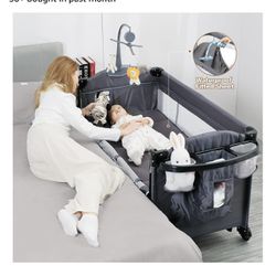 5 in 1 Baby Bassinet Bedside Sleeper, Pack and Play Bassinet with Diaper Changer and Waterproof Sheet, Mattress,Music,Folding Portable Playards from N