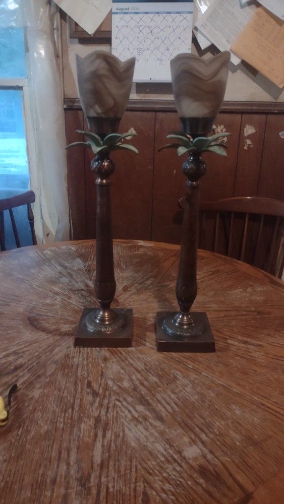 Pair Of Bronze Metal PALM TREE Tropical Taper Pillar Candle Holders 19" Tall, 23" With Glass Shades