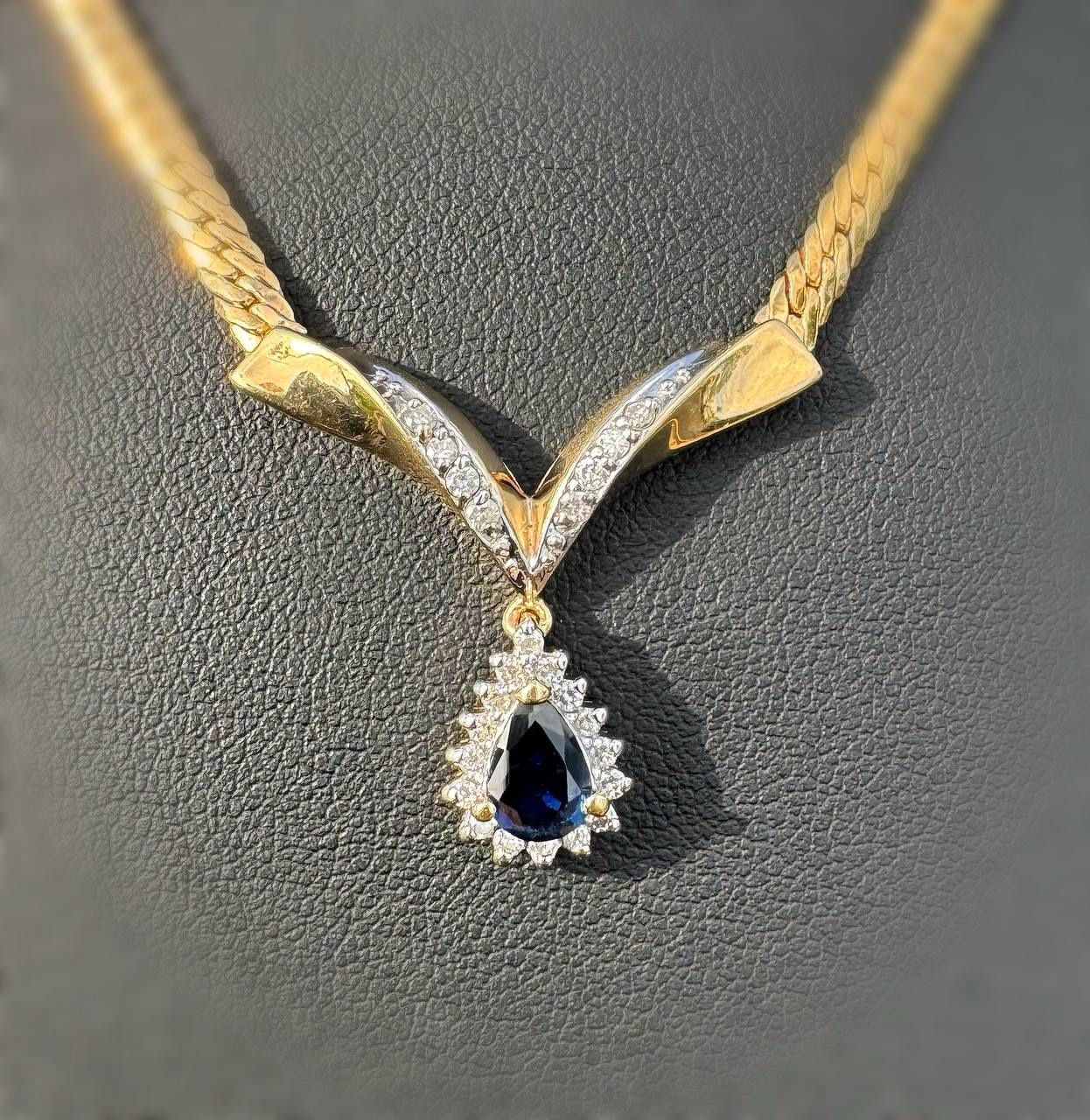 Jewelry 14k solid yellow gold Cuban link pear shape pendant natural diamond sapphire necklace 17.00" 3.20mm 8.30 grams