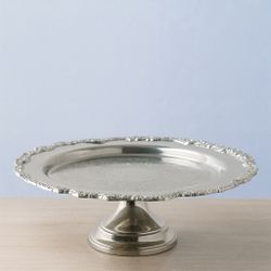 Towle USA 1980s Silverplate Holloware Pedestal Tray Ornate Rim Scrollwork, 15x3.75”
