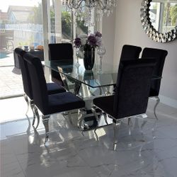 Gorgeous Velvet/Mirror And Glass/Chrome Dining Set Six Chairs
