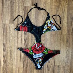 ED HARDY Vintage Y2K Rare Black Rose Spiderweb Puma Cut Out One Piece Swimsuit