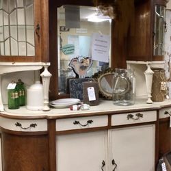 GORGEOUS Antique Vintage Cabinet with Hutch, beautiful glass & wood door detail and mirror - an amazing deal! $500 OBO!!