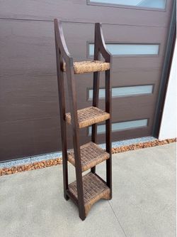 Leaning Ladder Shelf / Blanket Rack with Woven Seagrass Shelves – 60” Tall