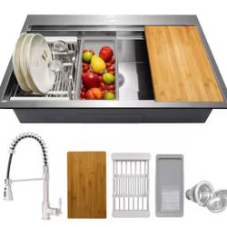 Shop AKDY Handmade All-in-One Top mount Stainless Steel 33 in. x 22 in. Single Bowl Kitchen Sink w/ Spring Neck Faucet, Accessory=Pa-458