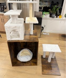 Large Cat Tree Tower with Condo, Scratching Posts & Multiple Platforms – White & Brown
