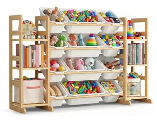 Kids Toy Storage Organizer with 12 Bins, 100% Solid Wood - Natural Finish Montessori Toy Organizer