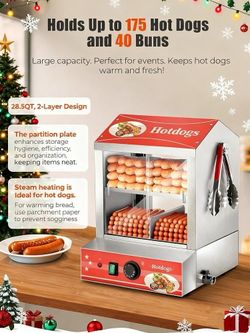 B420 $115  Hot Dog Steamer 28.5QT, FOHERE 2-Tier Hot Dog Machine with Bun Warmer, 175 Hot Dogs & 40 Buns Capacity, Electric Hot Dog Bun Warmer with Vi