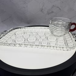 (3) Vintage Sets of cups & snack trays.  Anchor Hocking Colonial Lady clear glass serva-snack plate & Duncan & Miller Caribbean clear punch cups with 