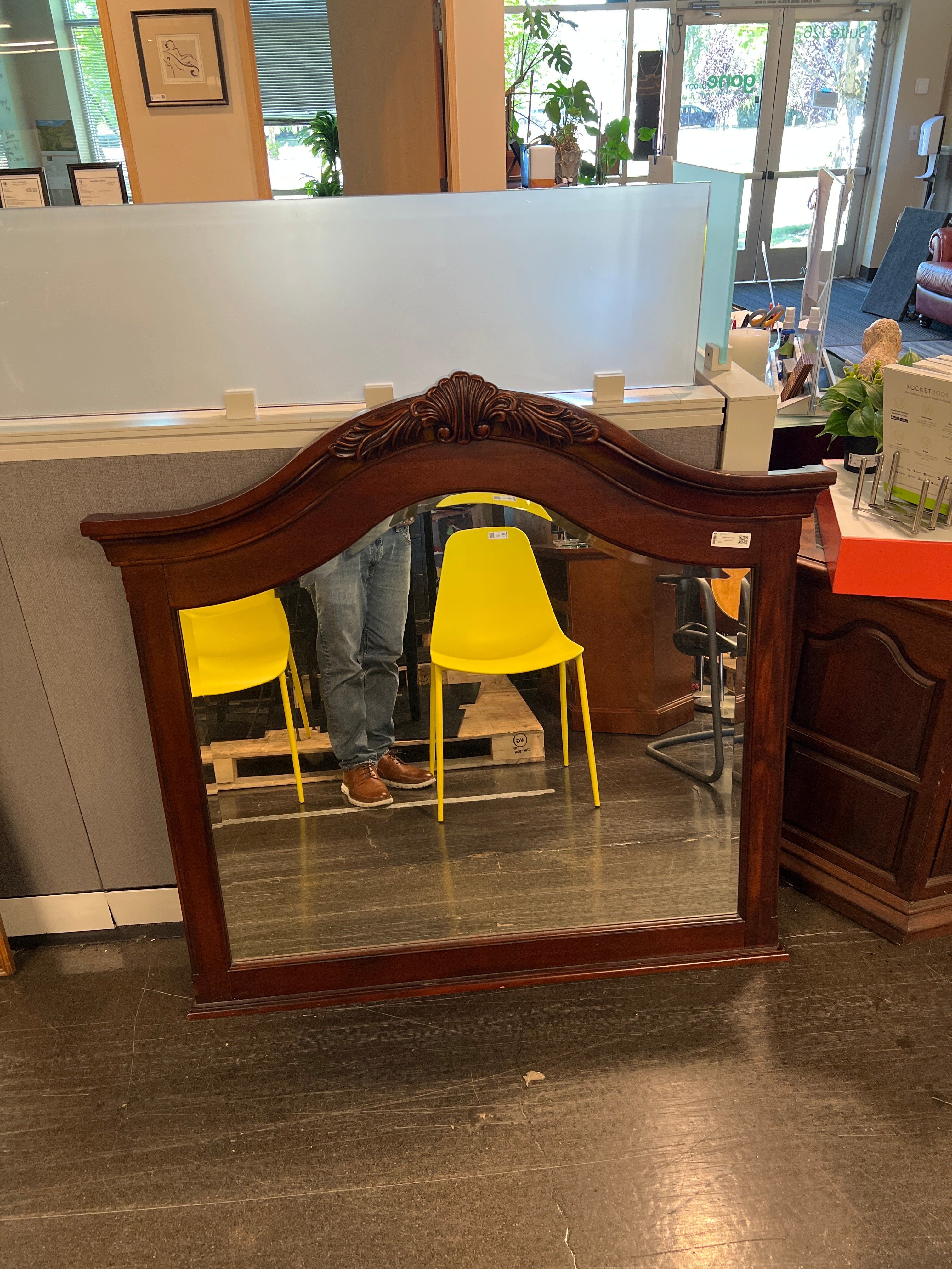 SOLD - Traditional Cherry Wood Dresser Mirror with Carved Crest