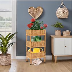 3-Tier Rattan Storage Rack, 23.6in Tall Rattan Standing Shelf Organizer, Multipurpose Hand-Woven Shelving Unit for Laundries, Kitchen, Bathroom, Bedro
