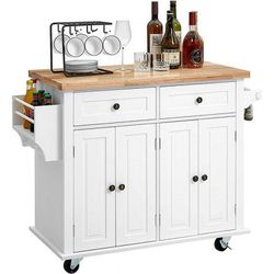 35.5'' Kitchen Island Cart on Wheels, 4-Doors 2-Drawers Rolling Storage Cart with Adjustable Shelves & Rubberwood Countertop, White