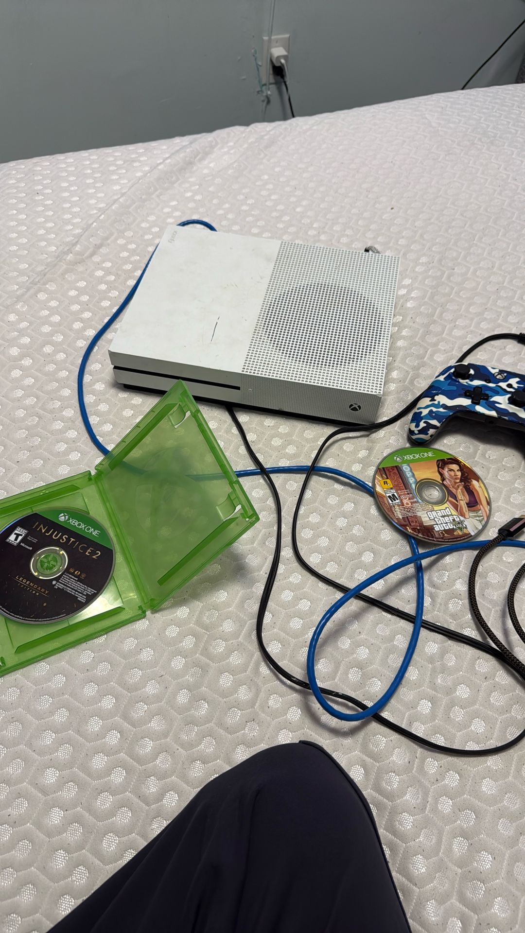 Xbox One With Blue Camo Controller And Cables