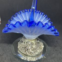 Vtg Ceramiche Artistiche R Robean, Silver Base, Blue scallop Glass Basket Italy