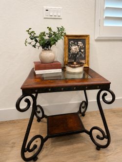 Pair of Wood and Wrought Iron End Tables with Glass Inlays