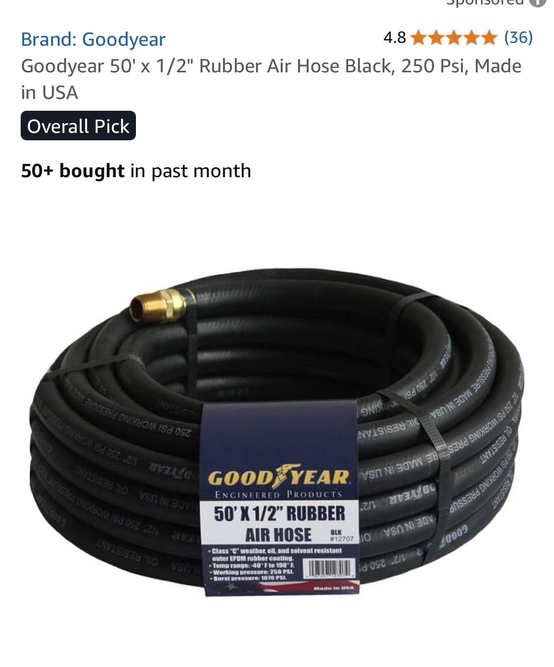 Goodyear New 50”x1/2” Rubber Air Hose