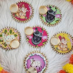Handcrafted Round Tea Light Holder with Ganesh ji Shreenath ji  Return gifts for pooja, housewarming,Diwali Decor Gift For Guests for any occasion. 
M