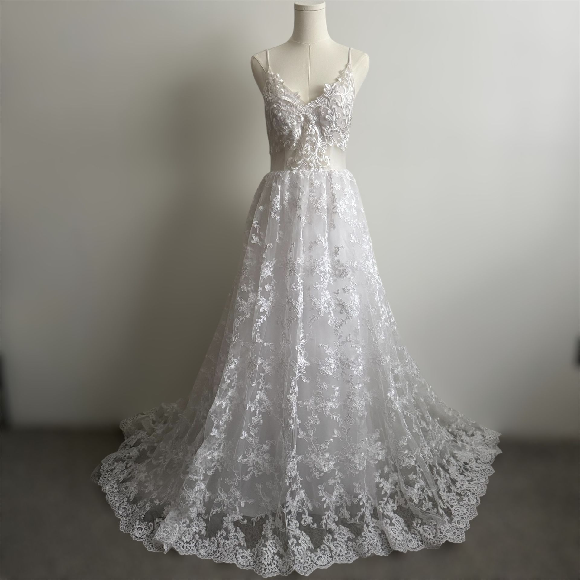 White Lace Transparent Bodice Low Open Back Spaghetti Strap Boho Wedding Dress